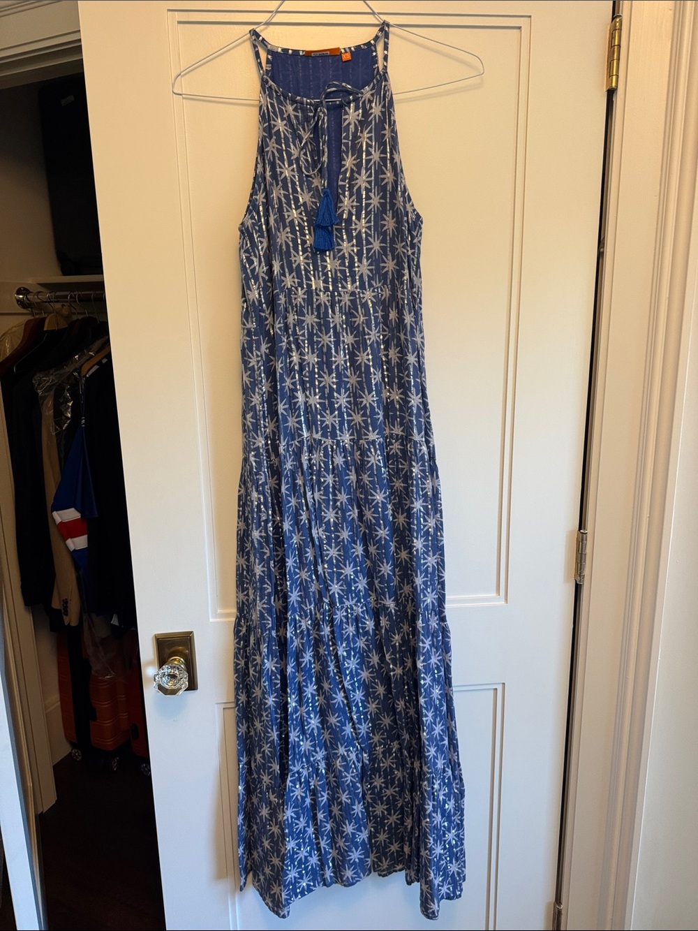 Oliphant Blue and Silver Star Halter Maxi Dress